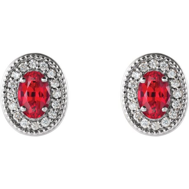 14K White  Lab-Grown Ruby & 1/8 CTW Natural Diamond Halo-Style Earrings