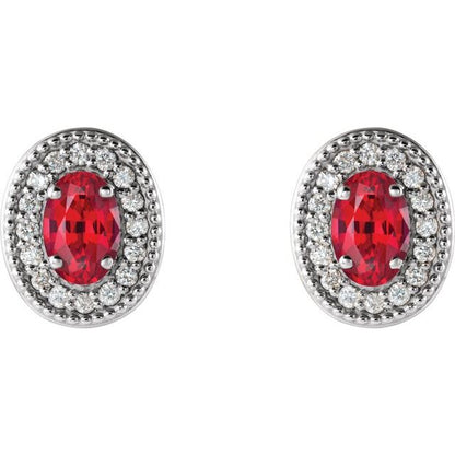 14K White  Lab-Grown Ruby & 1/8 CTW Natural Diamond Halo-Style Earrings