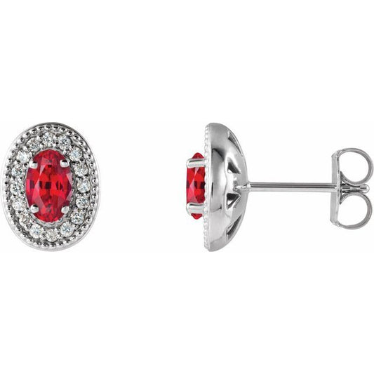14K White  Lab-Grown Ruby & 1/8 CTW Natural Diamond Halo-Style Earrings