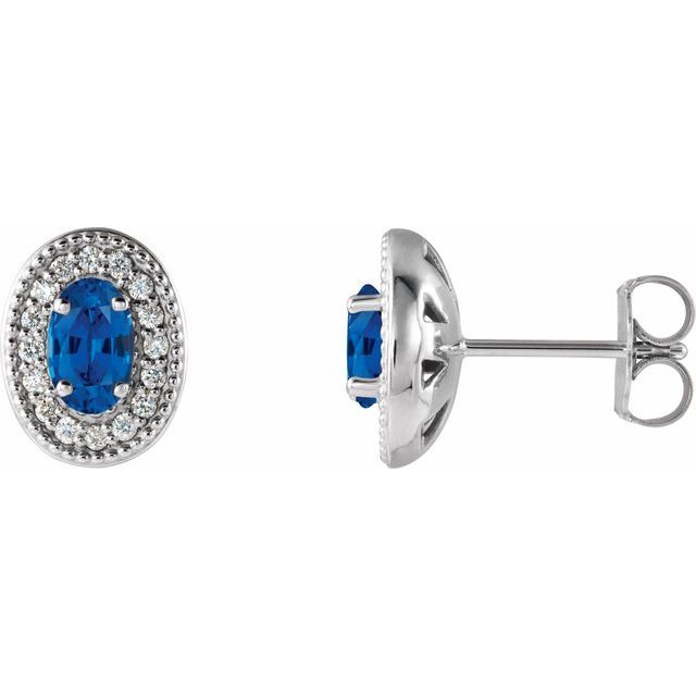 14K White  Lab-Grown Blue Sapphire & 1/8 CTW Natural Diamond Halo-Style Earrings