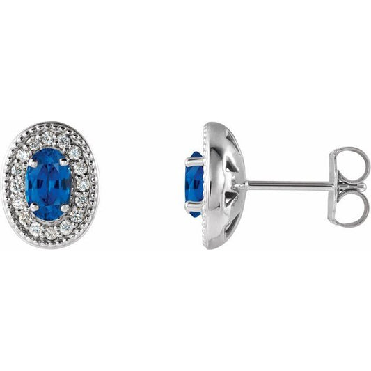 14K White  Lab-Grown Blue Sapphire & 1/8 CTW Natural Diamond Halo-Style Earrings