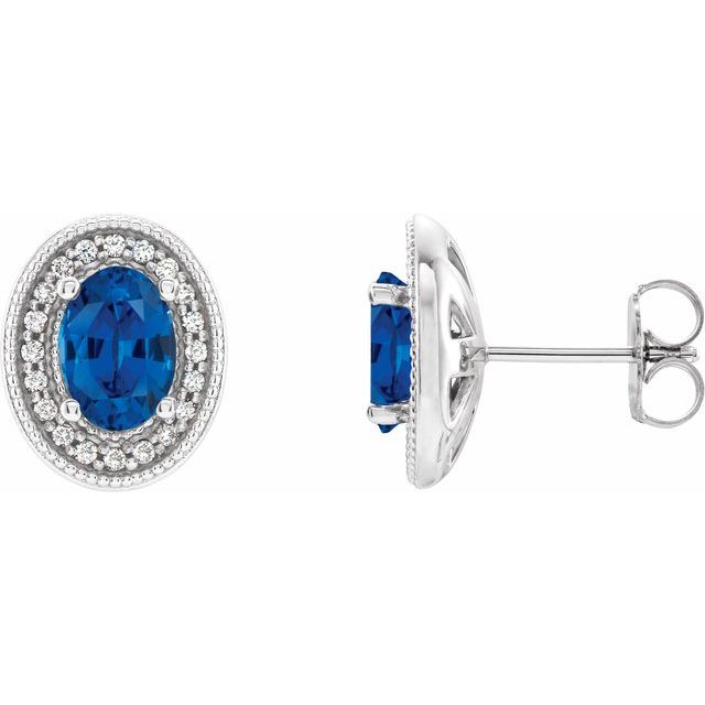 14K White  Lab-Grown Blue Sapphire & 1/8 CTW Natural Diamond Halo-Style Earrings