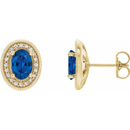 14K White  Lab-Grown Blue Sapphire & 1/8 CTW Natural Diamond Halo-Style Earrings