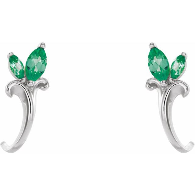 14K White Lab-Grown Emerald Floral J-Hoop Earrings