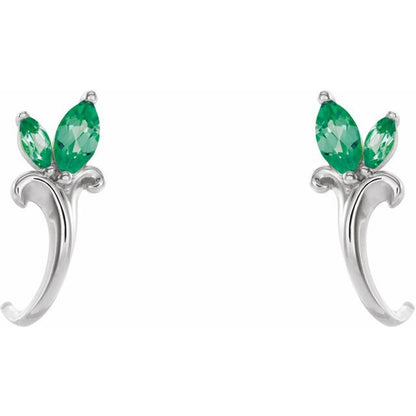 14K White Lab-Grown Emerald Floral J-Hoop Earrings