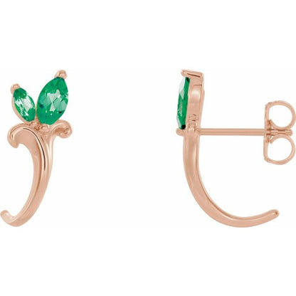 14K White Lab-Grown Emerald Floral J-Hoop Earrings