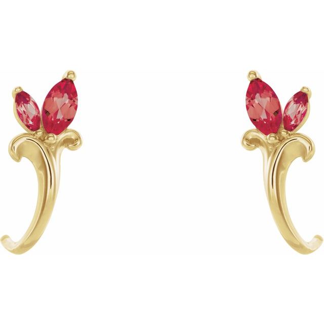 14K Yellow Lab-Grown Ruby Floral J-Hoop Earrings