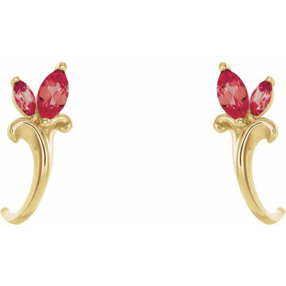 14K Yellow Lab-Grown Ruby Floral J-Hoop Earrings