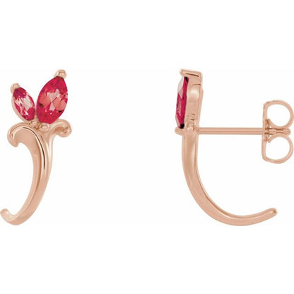 14K Yellow Lab-Grown Ruby Floral J-Hoop Earrings