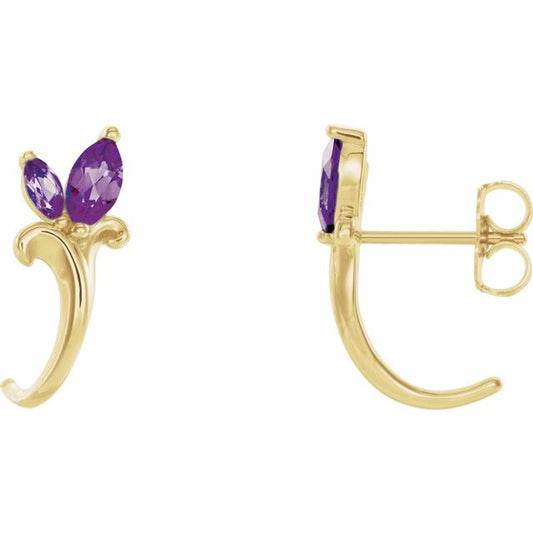 14K Yellow Lab-Grown Alexandrite Floral J-Hoop Earrings