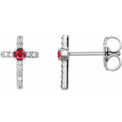 14K Yellow Lab-Grown Ruby & .05 CTW Natural Diamond Cross Earrings