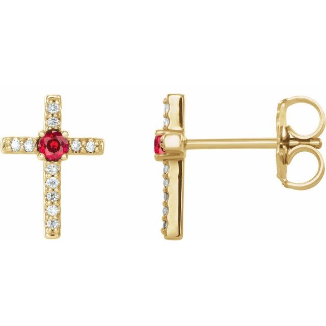 14K Yellow Lab-Grown Ruby & .05 CTW Natural Diamond Cross Earrings