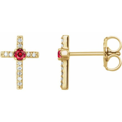 14K Yellow Lab-Grown Ruby & .05 CTW Natural Diamond Cross Earrings