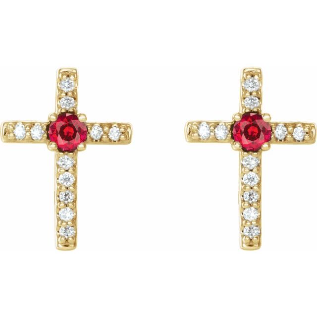 14K Yellow Lab-Grown Ruby & .05 CTW Natural Diamond Cross Earrings