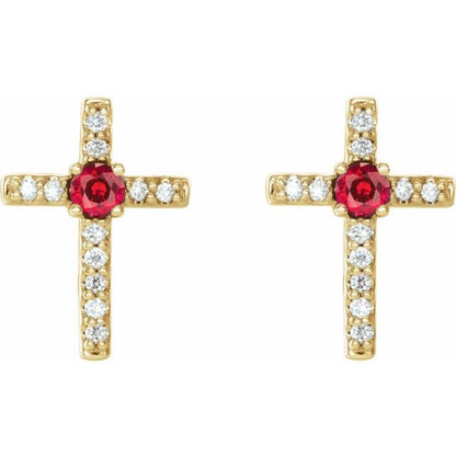 14K Yellow Lab-Grown Ruby & .05 CTW Natural Diamond Cross Earrings