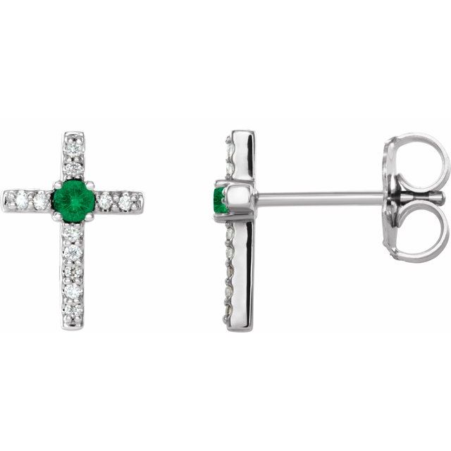 14K Rose Lab-Grown Emerald & .05 CTW Natural Diamond Cross Earrings