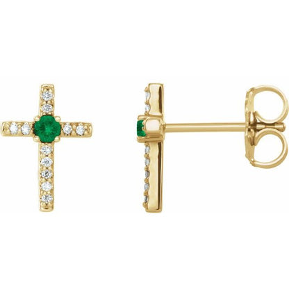 14K Rose Lab-Grown Emerald & .05 CTW Natural Diamond Cross Earrings