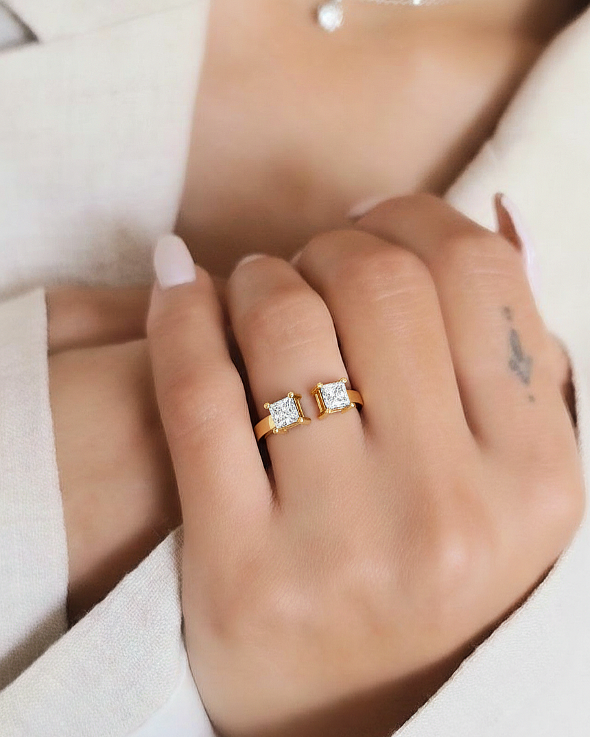 Princess Cut Lab Grown Diamond Antique Cluster Two Stone Dainty Promise Diamond Ring For Her