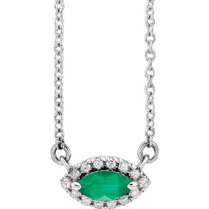 14K White Lab-Grown Emerald & .05 CTW Natural Diamond Halo-Style 16" Necklace