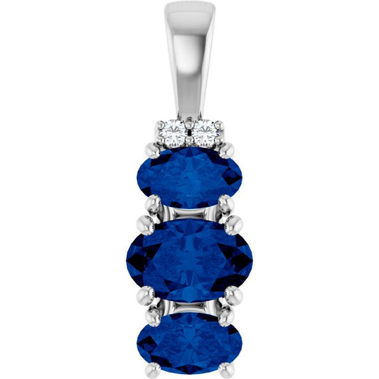 14K White  Oval Lab-Grown Blue Sapphire & .025 CTW Natural Diamond Pendant