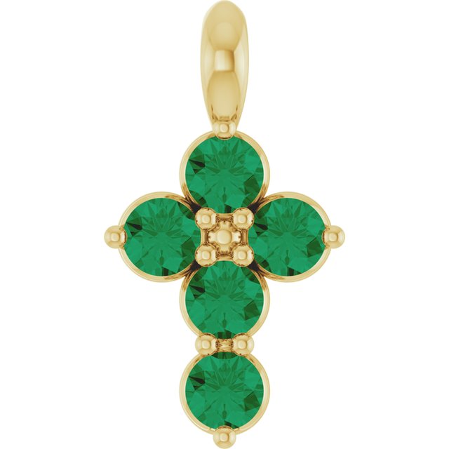 14K White Lab-Grown Emerald Cross Pendant