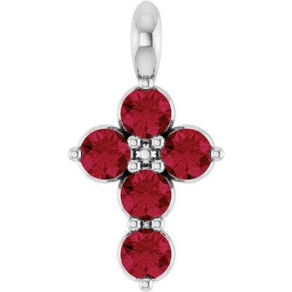 14K White Lab-Grown Ruby Cross Pendant