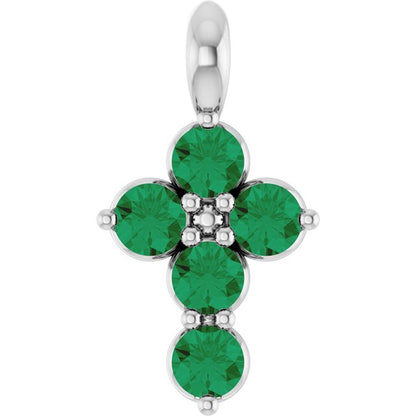 14K White Lab-Grown Emerald Cross Pendant