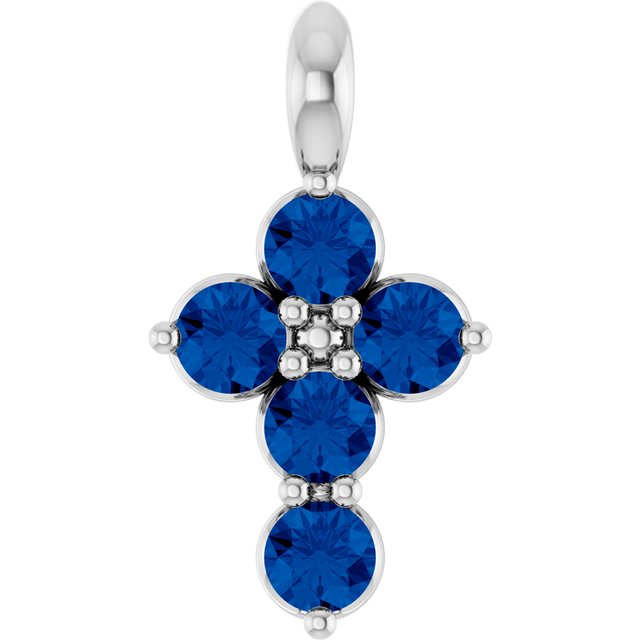 14K White Lab-Grown Blue Sapphire Cross Pendant