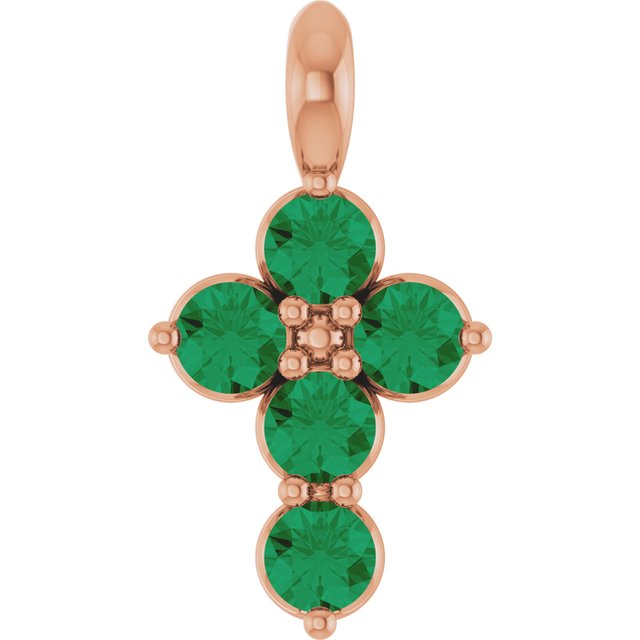 14K White Lab-Grown Emerald Cross Pendant