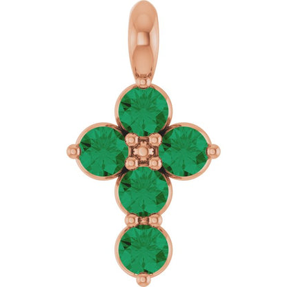 14K White Lab-Grown Emerald Cross Pendant