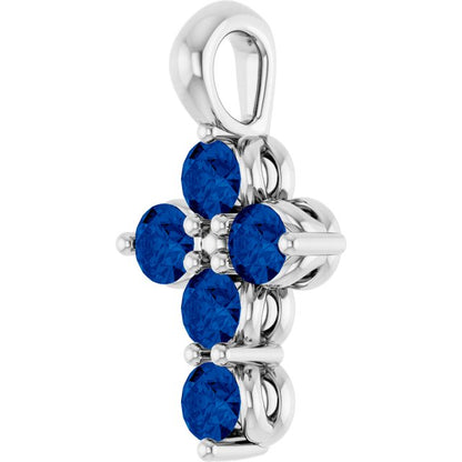 14K White Lab-Grown Blue Sapphire Cross Pendant