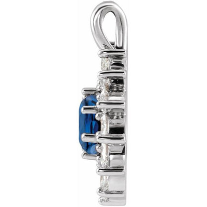 14K White Lab-Grown Blue Sapphire & 5/8 CTW Natural Diamond Halo-Style Pendant