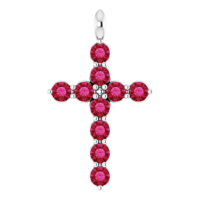 14K White Lab-Grown Ruby Cross Pendant