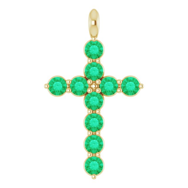 14K White Lab-Grown Emerald Cross Pendant