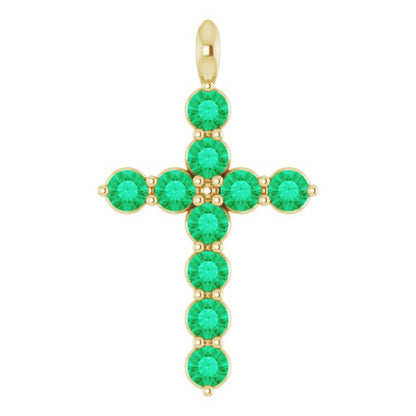 14K White Lab-Grown Emerald Cross Pendant