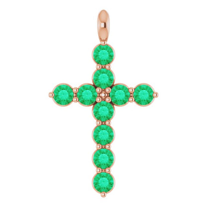 14K White Lab-Grown Emerald Cross Pendant
