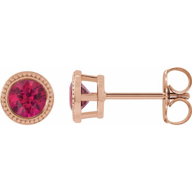14K Rose  Lab-Grown Ruby Beaded Bezel-Set Earrings