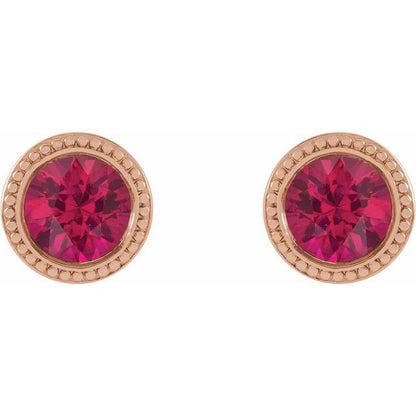 14K Rose  Lab-Grown Ruby Beaded Bezel-Set Earrings