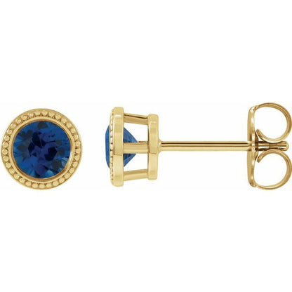 14K Yellow  Lab-Grown Blue Sapphire Beaded Bezel-Set Earrings