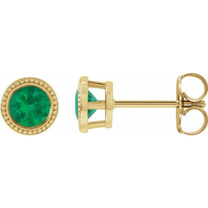 14K Yellow  Lab-Grown Emerald Beaded Bezel-Set Earrings