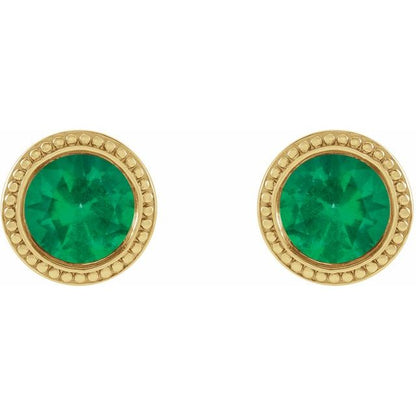 14K Yellow  Lab-Grown Emerald Beaded Bezel-Set Earrings