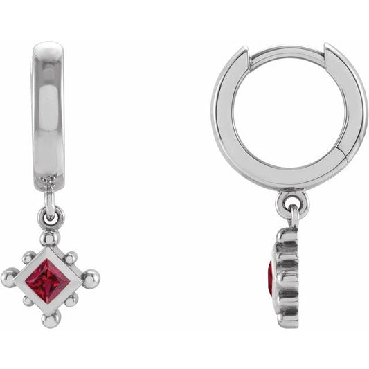 14K White Lab-Grown Ruby Beaded Bezel-Set Hoop Earrings