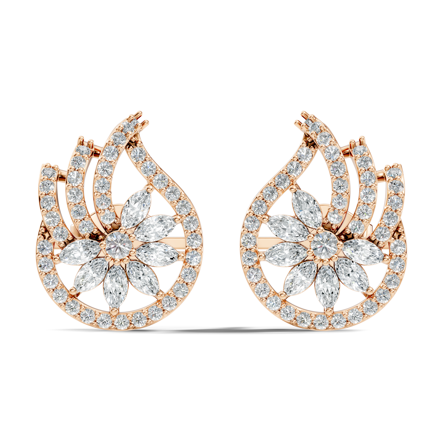 Vintage 14K Solid White Gold Marquise & Round Diamond Stud Earrings For Women's - HIGHCARAT DIAMONDS