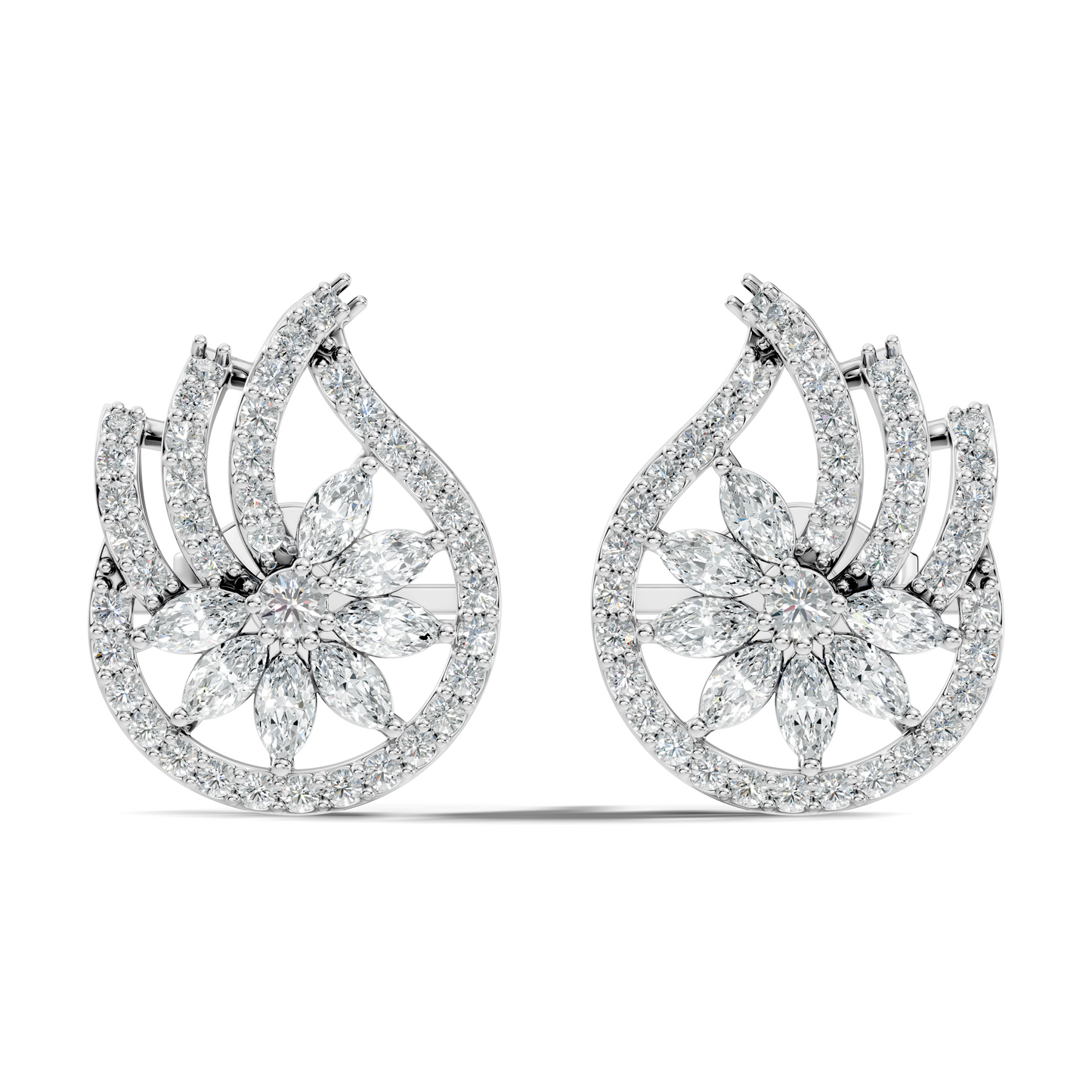 Vintage 14K Solid White Gold Marquise & Round Diamond Stud Earrings For Women's - HIGHCARAT DIAMONDS