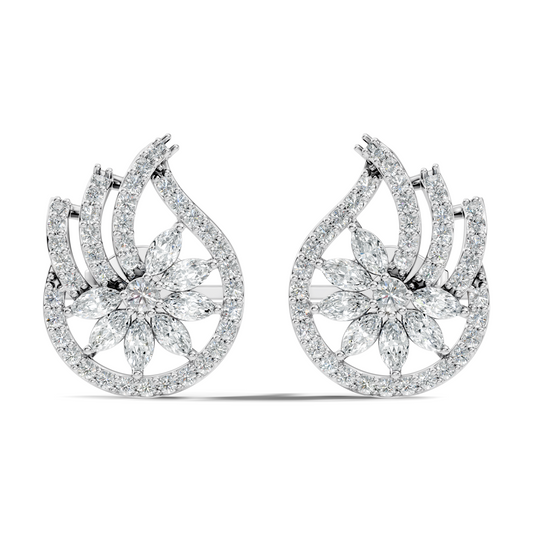 Vintage 14K Solid White Gold Marquise & Round Diamond Stud Earrings For Women's - HIGHCARAT DIAMONDS