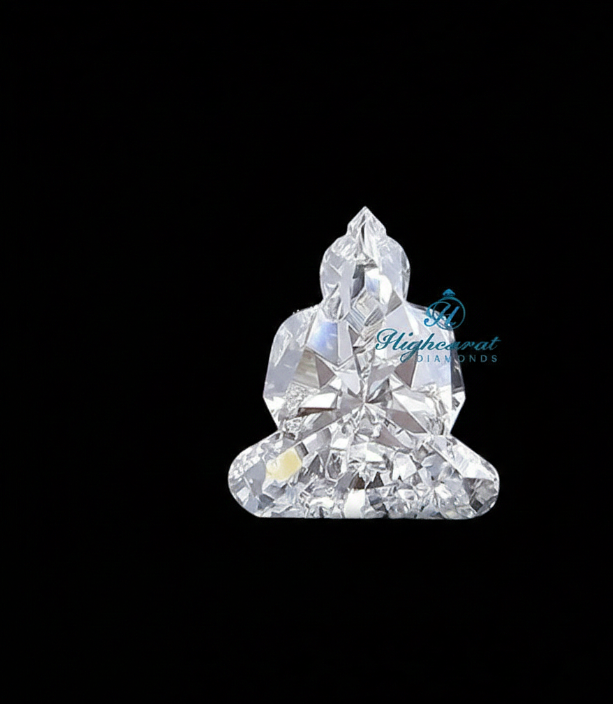 Antique Buddha shape lab grown diamond with detailed spiritual inspired faceting