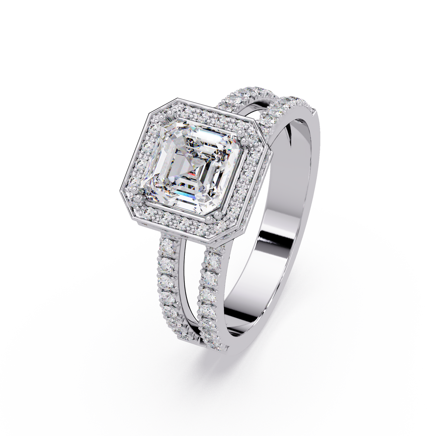 Asscher Cut Halo Lab Grown Diamond Split Shank Engagement Ring - HIGHCARAT DIAMONDS