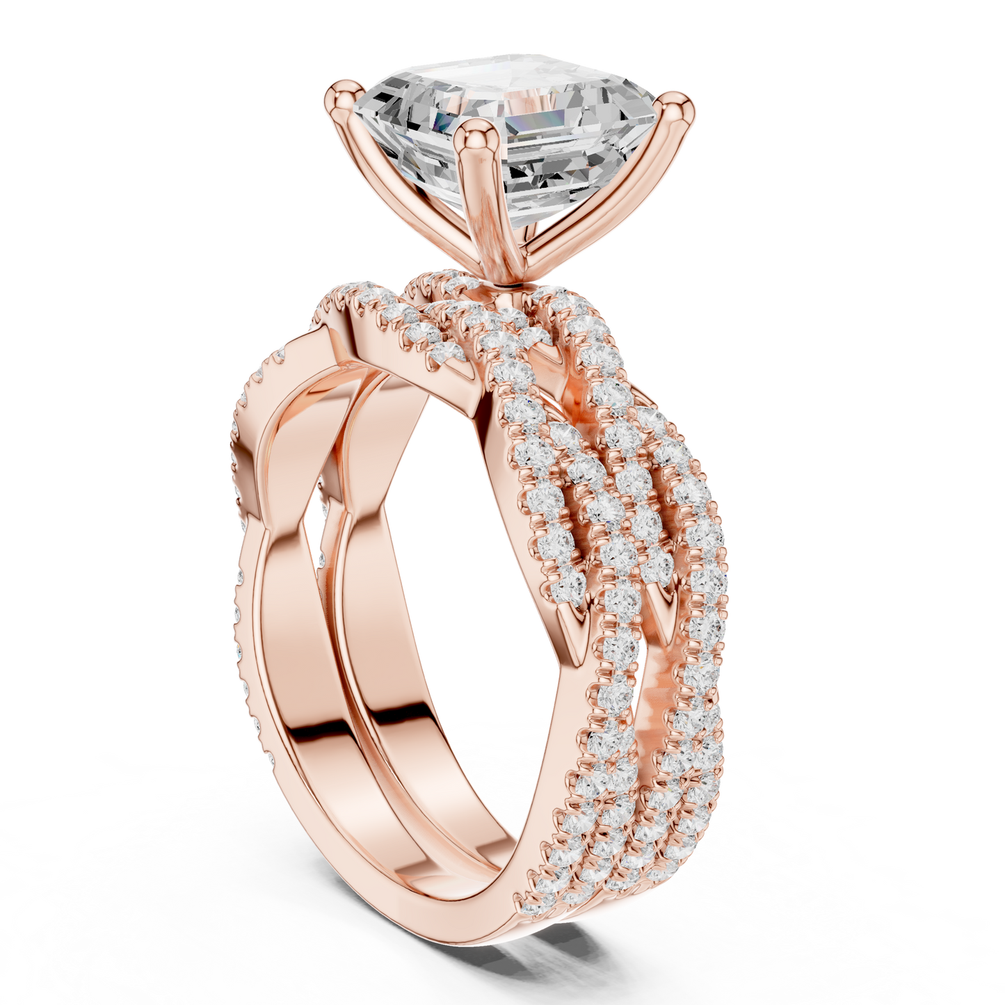 Asscher Cut  Lab Grown Diamond 14k Solid Gold  Wedding Bridal Set Hidden Halo Ring For women's