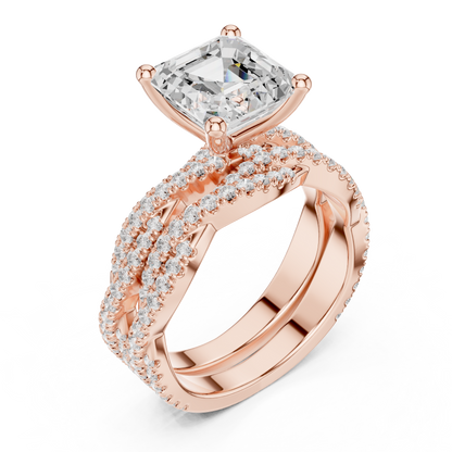 Asscher Cut  Lab Grown Diamond 14k Solid Gold  Wedding Bridal Set Hidden Halo Ring For women's