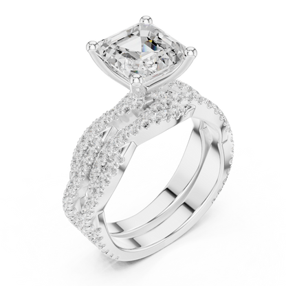 Asscher Cut  Lab Grown Diamond 14k Solid Gold  Wedding Bridal Set Hidden Halo Ring For women's